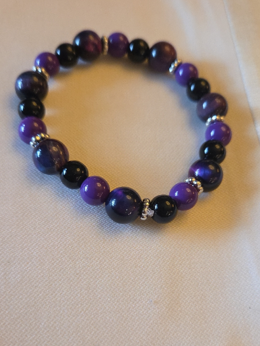 Purple and Black Beaded Stretch Bracelet
